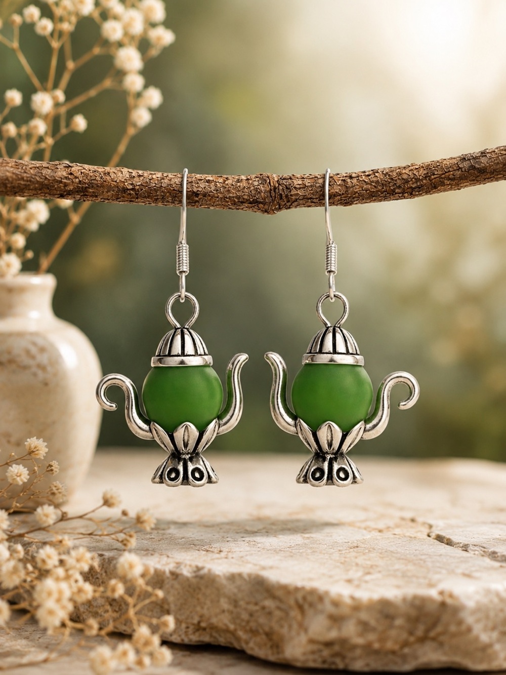 Handmade Antique Silver Teapot Earrings Whimsical Dangle Jewelry with Beads Gift